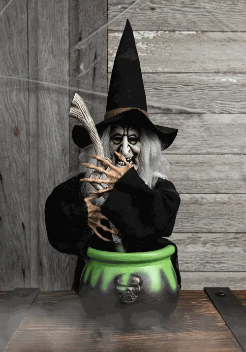 17-Inch Black Brewing Witch with Cauldron Decoration
