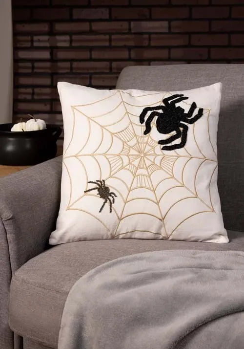 18-Inch Embroidered Spiders & Web Decorative Halloween Pillow