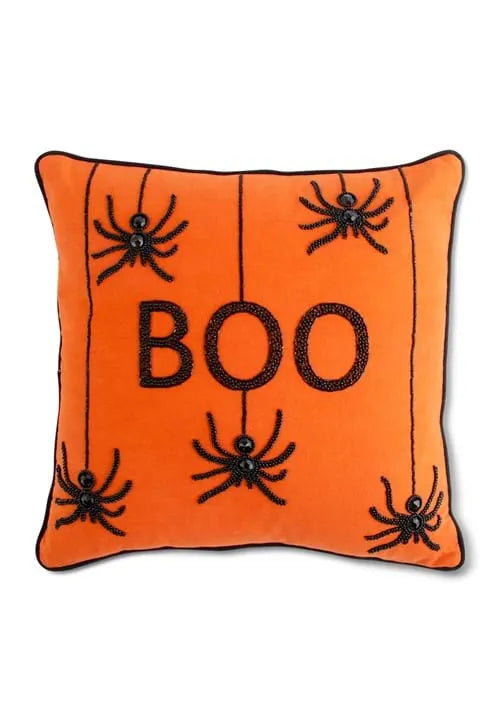 18-Inch Orange Square Beaded BOO Spiders Decorative Pillow Main image
