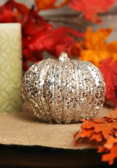 4.5-Inch Short Champagne Glitter Pumpkin Halloween Decoration