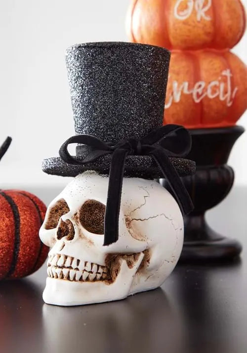 5-Inch Resin Skull with Glittery Black Top Hat Decoration Main image