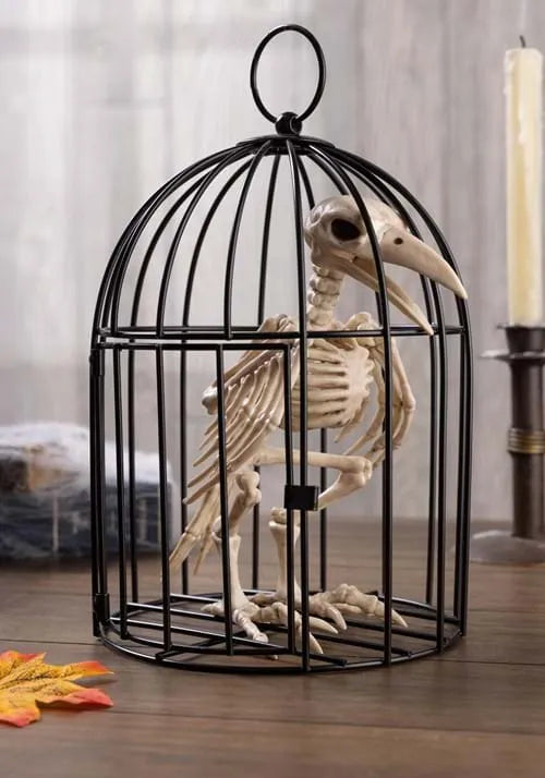 9.5-Inch Halloween Skeleton Raven in Cage Decoration