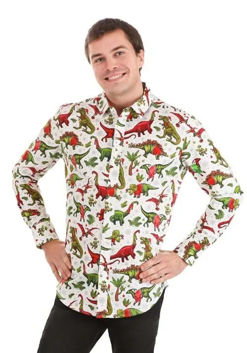 Adult Christmas Dinosaurs Button Up Shirt Main image
