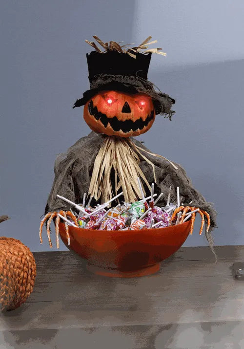 9-Inch Candy Bowl with Animated Pumpkin Scarecrow Decoration