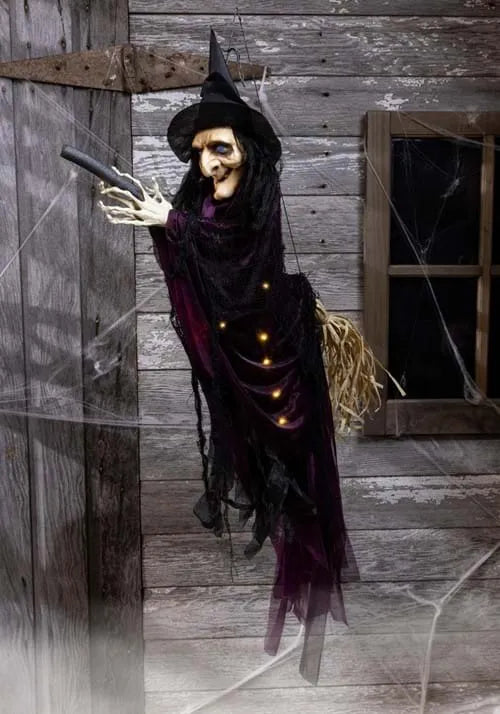 36-Inch Flying Witch on Broom with Lights & Voice Decoration