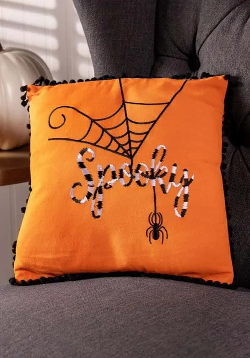 12-Inch Orange Halloween Pillow with Black and White Embroidery Decoration