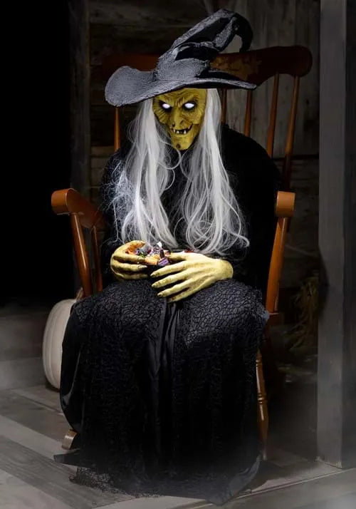 3.5FT Seated Witch Holding Candy Bowl Animatronic Decoration